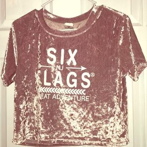 A rose gold velvet crop top from Six flags!